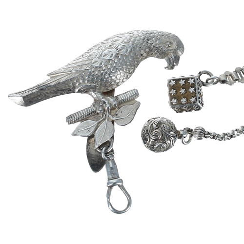 425 - Short silver watch chain with a cube fob engraved with stars and clasp, 4.75'' long approx; together... 
