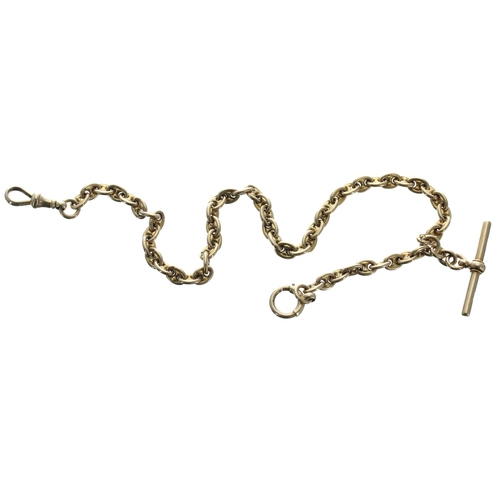 426 - Good 18ct watch Albert chain, with 18ct T-bar, loop and clasp, 12'' long approx, 46.4gm... 