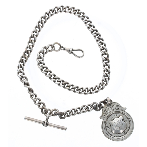 428 - Silver curb watch chain, each link hallmarked with a silver T-bar, silver clasp and silver medallion... 