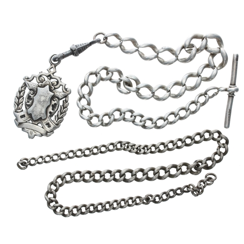 432 - Silver graduated curb watch Albert chain, with clasp, medallion fob and silver T-bar, 13