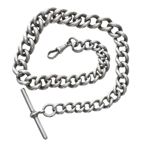 433 - Silver graduated curb link watch Albert chain, with silver T-bar and clasp, 13