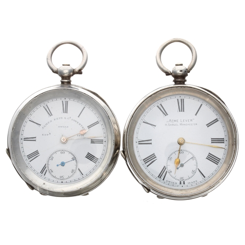 446 - H. Samuel ''Acme Lever'' silver engine turned pocket watch, 51mm; together with a silver (0.935) cyl... 