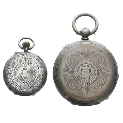 447 - Silver (0.800) cylinder hunter engine turned pocket watch in need of repair, 49mm, key; together wit... 