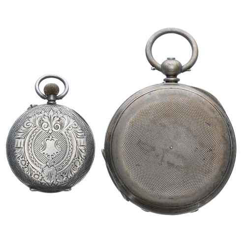 447 - Silver (0.800) cylinder hunter engine turned pocket watch in need of repair, 49mm, key; together wit... 