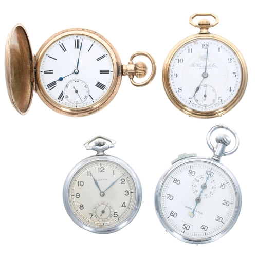 459 - Three pocket watches to include two gold plated examples; also a Garrard nickel cased stopwatch (4)... 