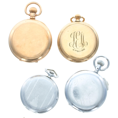 459 - Three pocket watches to include two gold plated examples; also a Garrard nickel cased stopwatch (4)... 