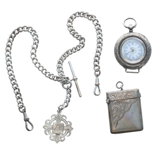 431 - Silver graduated curb link watch Albert chain, with medallion fob and T-bar, each link hallmarked, 1... 