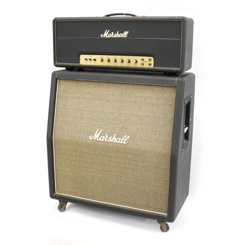 1972 Marshall JMP 1987 Lead guitar amplifier, made in England, ser. no. S/A4054D, with original dust cover; together with a matching 1960A 4 x 12 angled guitar amplifier speaker cabinet, enclosing a set of 1971 Celestion T1221 green-back speakers with CD11U codes, also signed internally by Jim Marshall, with original cover (2)