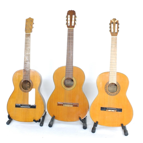 1341 - Interesting old Spanish made nylon string guitar in need of further restoration; together with a Kis... 