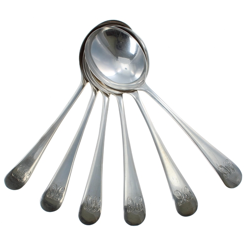 527 - Set of six George V Old English pattern silver soup spoons, each with monogrammed handles, ... 