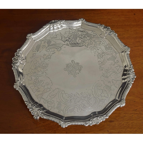 510 - George III Irish silver waiter, engraved to the centre with a monogram with a foliate and fruiting v... 