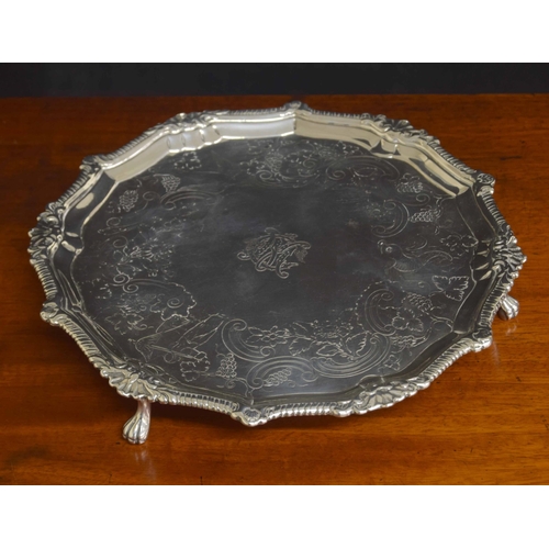 510 - George III Irish silver waiter, engraved to the centre with a monogram with a foliate and fruiting v... 