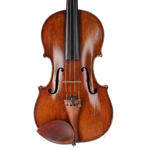 Fine and interesting late 18th/early 19th century French violin labelled M. Lupot Fils, Luthier, rue d'illiers á Orleans, l'An 1792; also bearing a repairer's label dated 1859, the one piece back of very faint irregular curl with medium curl to the sides and head, the table of a broad width grain and the varnish of a reddish-brown colour on a golden ground, 14 1/16", 35.70cm, case