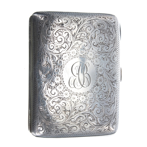 506 - Victorian silver engraved cigarette case, the cover foliate engraved with a monogrammed cartouche, e... 