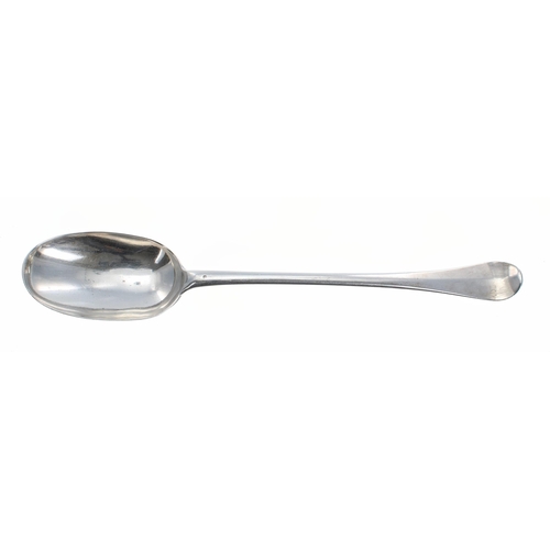 512 - George I silver Hanoverian pattern rat tail basting spoon, with an engraved knight cr... 