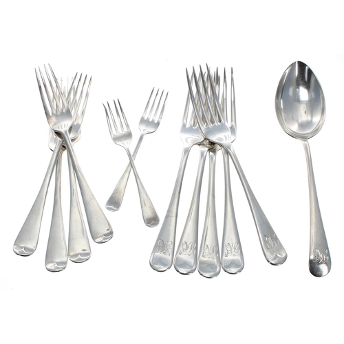526 - Five George VI silver dinner forks, with monogrammed handles, Maker Viner's Ltd, Sheffield 1939... 