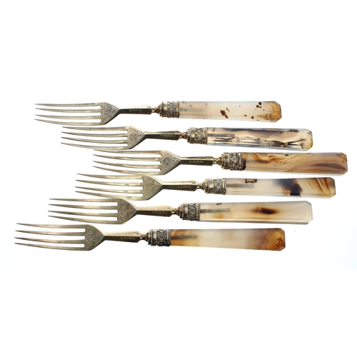 533 - Set of six quality Victorian silver gilt and agate handled forks, maker Chawner & Co. London 186... 