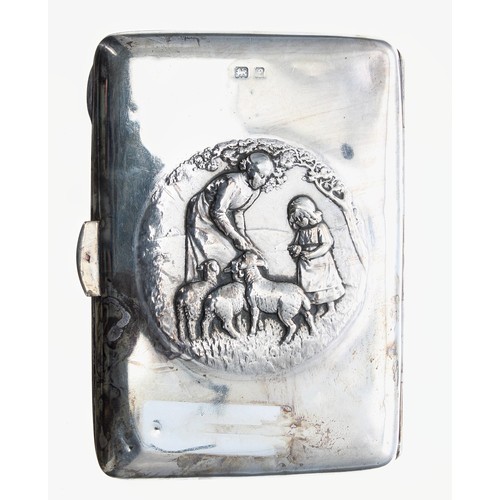 518 - Edwardian silver aide memoire case, repoussé decorated with circular figural panels with mother and ... 