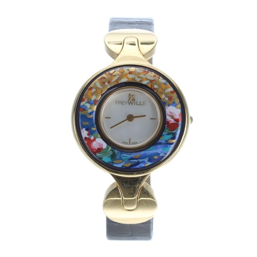41 - Frey Wille gold plated lady's wristwatch, fire enamel bezel, black leather strap with Freye Wille go... 