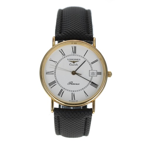 24 - Longines Presence Quartz 9ct gentleman's wristwatch, ref. 25.184.977, white dial with date aperture,... 