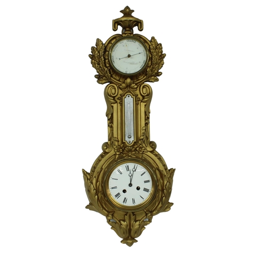 1002 - Gilt metal cased clock barometer and thermometer, the two train clock movement striking on a bell an... 