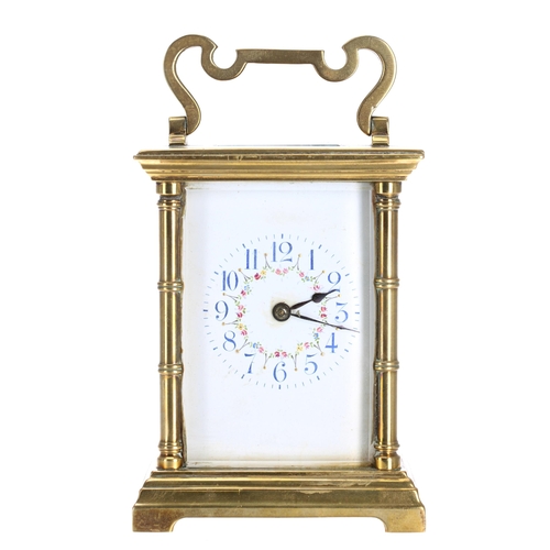 1210 - French carriage clock striking on a gong, the dial with Arabic numerals enclosing painted flowe... 