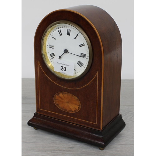 20 - Inlaid mahogany arch-top mantel clock, the 3.5