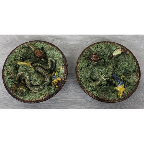 4 - Pair of Portuguese Manuel Mafra for Caldas majolica pottery 'Palissy' style plates, featuring reptil... 
