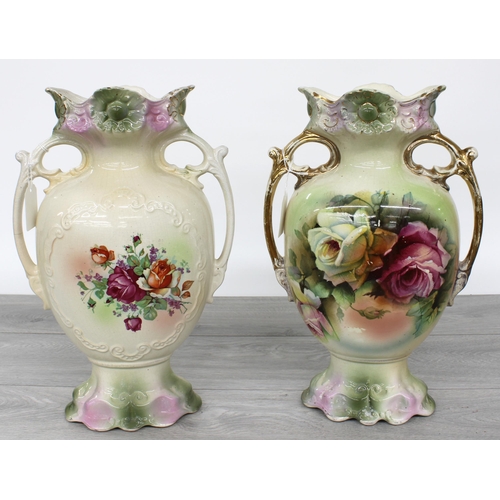 41 - Pair of Staffordshire pottery transfer printed floral vases, each with twin gilt highlighted handles... 