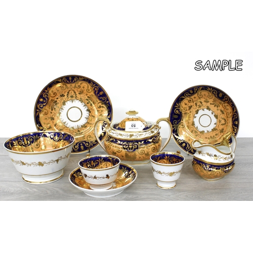 53 - Early 19th century English porcelain part tea service probably Ridgeway, numbered '2/725' to the und... 