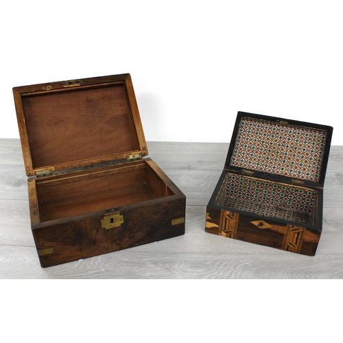 59 - Victorian walnut writing slope, the hinged cover enclosing a blue baize lined surface with stationer... 