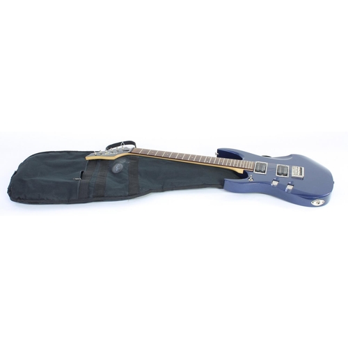48 - Maverick F-1HT left-handed electric guitar; Body: metallic blue finished alder, impact dings; Neck: ... 