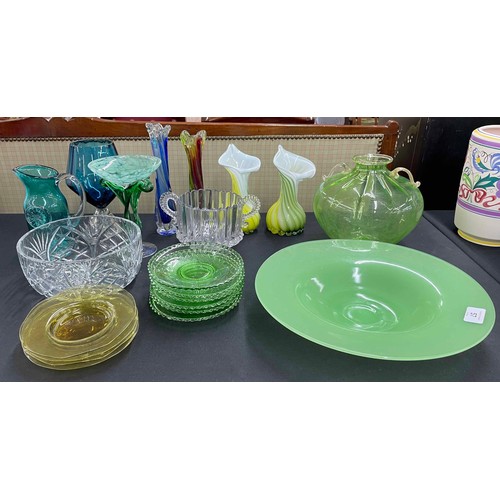 57 - Selection of decorative Art glass pieces, comprising pair of twist pulpit vases 7.5