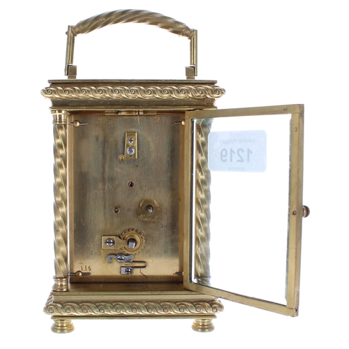 1219 - Large carriage clock timepiece, the dial plate indistinctly signed ....plin, London, within an ornat... 