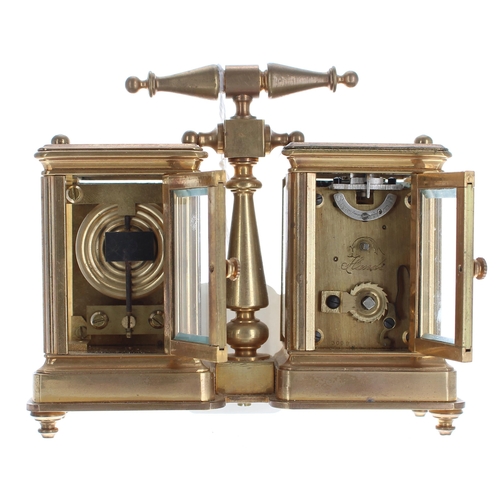 1218 - Contemporary carriage clock style timepiece and barometer desk compendium, within corniche brass cas... 