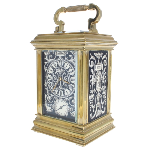 1203 - Repeater porcelain panelled carriage clock with alarm, the movement striking on a gong, the stepped ... 