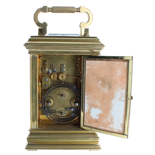 1203 - Repeater porcelain panelled carriage clock with alarm, the movement striking on a gong, the stepped ... 