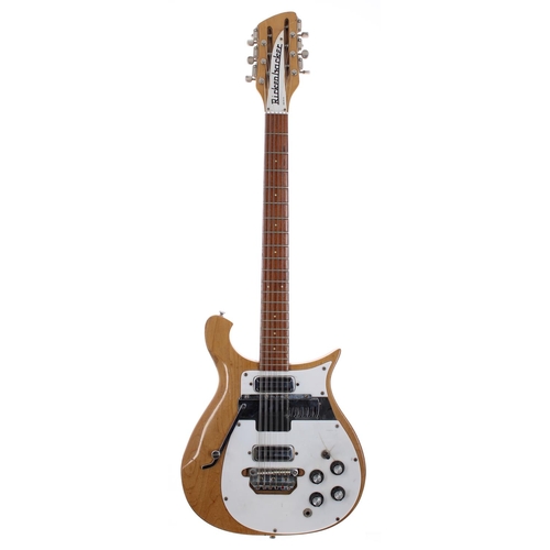 Mike Pender (The Searchers) - owned and used 1968 Rickenbacker 456/12 Convertible six/twelve string electric guitar, made in USA, ser. no. HI1447; Body: maple glo finish, two large buckle patches and further scratches to the back, further dings around; Neck: maple; Fretboard: rosewood, mild wear; Frets: worn; Electrics: no output from neck pickup, further investigation required; Hardware: hairline split to pickguard beneath switch, bridge replaced, slight damage beneath comb device; Case: later well used Rickenbacker hard case bearing various luggage and other labels; Weight: 3.41kg; Overall condition: fair