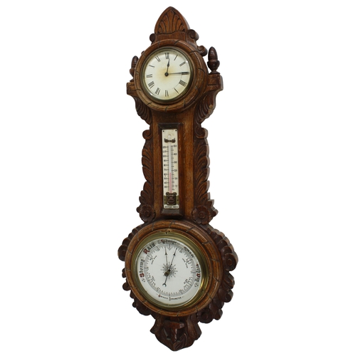 1005 - Clock and aneroid barometer with thermometer, within a foliate carved oak case, 25.5