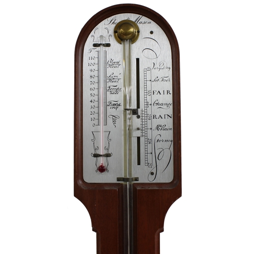 1007 - Mahogany stick barometer, the silvered scale signed Short & Mason over a recessed tube to the ci... 