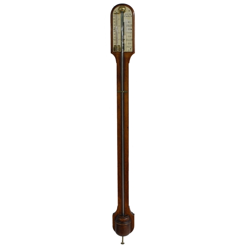 1009 - Light oak stick barometer, the scale signed F. Rowe, GT. Marlow, over a flat trunk with recessed tub... 