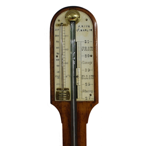 1009 - Light oak stick barometer, the scale signed F. Rowe, GT. Marlow, over a flat trunk with recessed tub... 