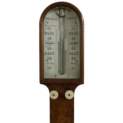 1010 - Walnut stick barometer, the angled scale signed V. Somalvico & Co, London, over a flat trunk and... 