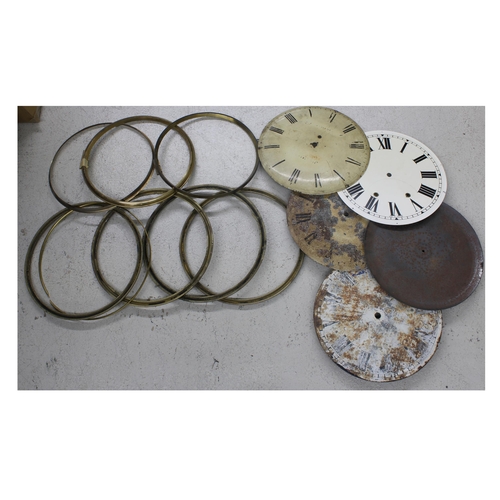 2005 - Quantity of circular longcase clock dials and chapter rings; also a quantity of old brass bezels etc... 