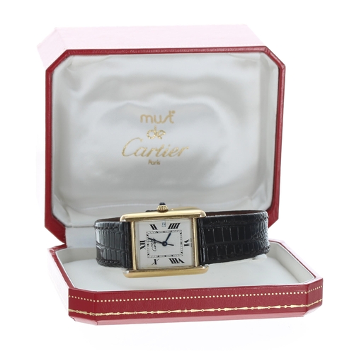 51 - Must de Cartier silver gilt tank wristwatch, reference no. 2413, serial no.6309xxxx, quartz, black l... 