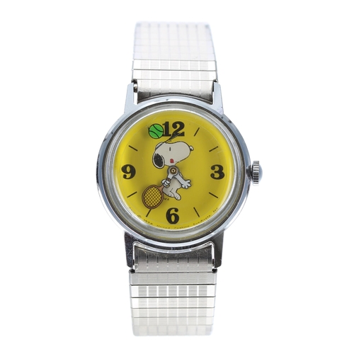 444 - Vintage Snoopy Tennis chrome plated and stainless steel wristwatch, 1958, yellow dial, stainless ste... 