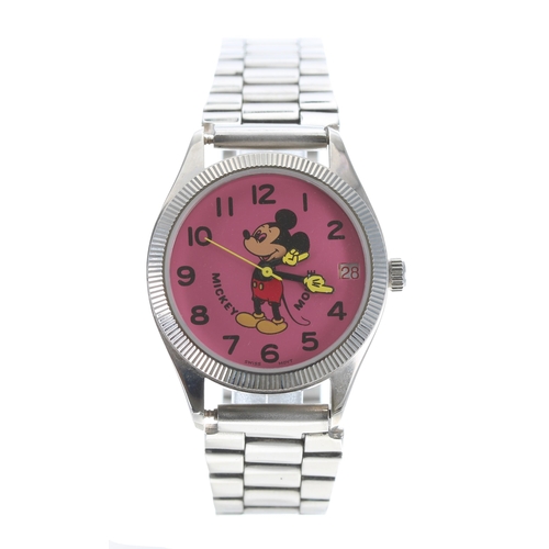 445 - Vintage Mickey Mouse chrome plated and stainless steel wristwatch, pink dial with date aperture, Swi... 