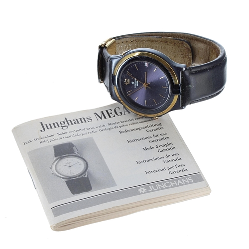 403 - Junghans Mega radio-controlled gentleman's wristwatch, black dial, black leather strap with signed c... 