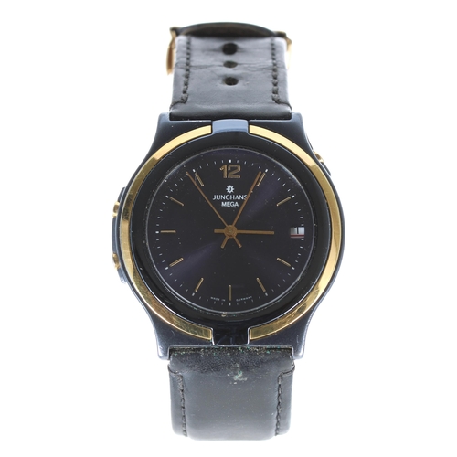 403 - Junghans Mega radio-controlled gentleman's wristwatch, black dial, black leather strap with signed c... 