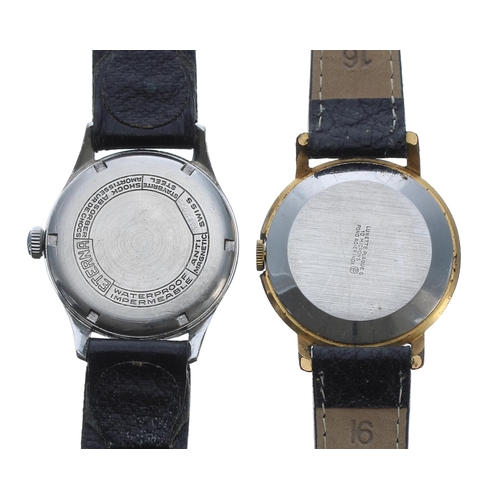 408 - Eterna stainless steel gentleman's wristwatch for repair, black dial, black leather strap, 32mm; tog... 